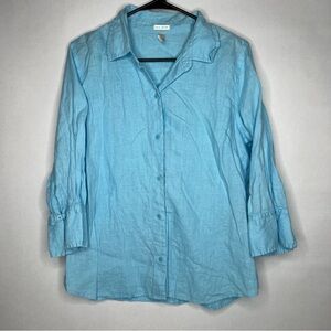 Old Navy Women's L Aqua Blue Shirt 100% Linen Button Up Preppy 3/4 Sleeve Large‎